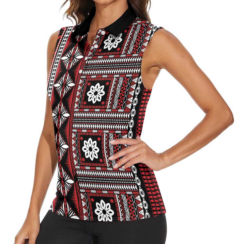 Fiji Masi Tapa Pattern Red Women Sleeveless Polo Shirt - Polynesian Pride