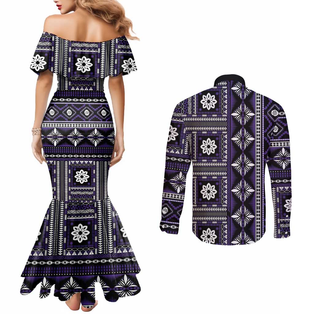 Fiji Masi Tapa Pattern Purple Couples Matching Mermaid Dress and Long Sleeve Button Shirt - Polynesian Pride