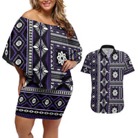 Fiji Masi Tapa Pattern Purple Couples Matching Off Shoulder Short Dress and Hawaiian Shirt - Polynesian Pride