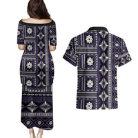 Fiji Masi Tapa Pattern Purple Couples Matching Puletasi and Hawaiian Shirt - Polynesian Pride