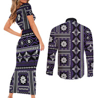 Fiji Masi Tapa Pattern Purple Couples Matching Short Sleeve Bodycon Dress and Long Sleeve Button Shirt - Polynesian Pride