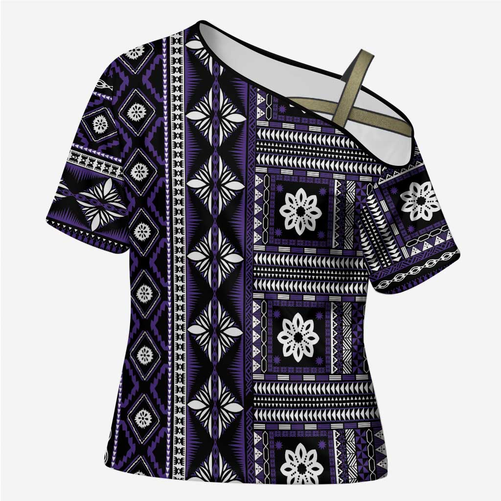 Fiji Masi Tapa Pattern Purple Cross Shoulder Shirt - Polynesian Pride