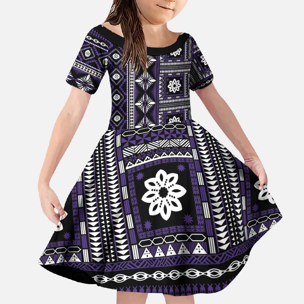 Fiji Masi Tapa Pattern Purple Family Matching Long Sleeve Bodycon Dress and Hawaiian Shirt - Polynesian Pride