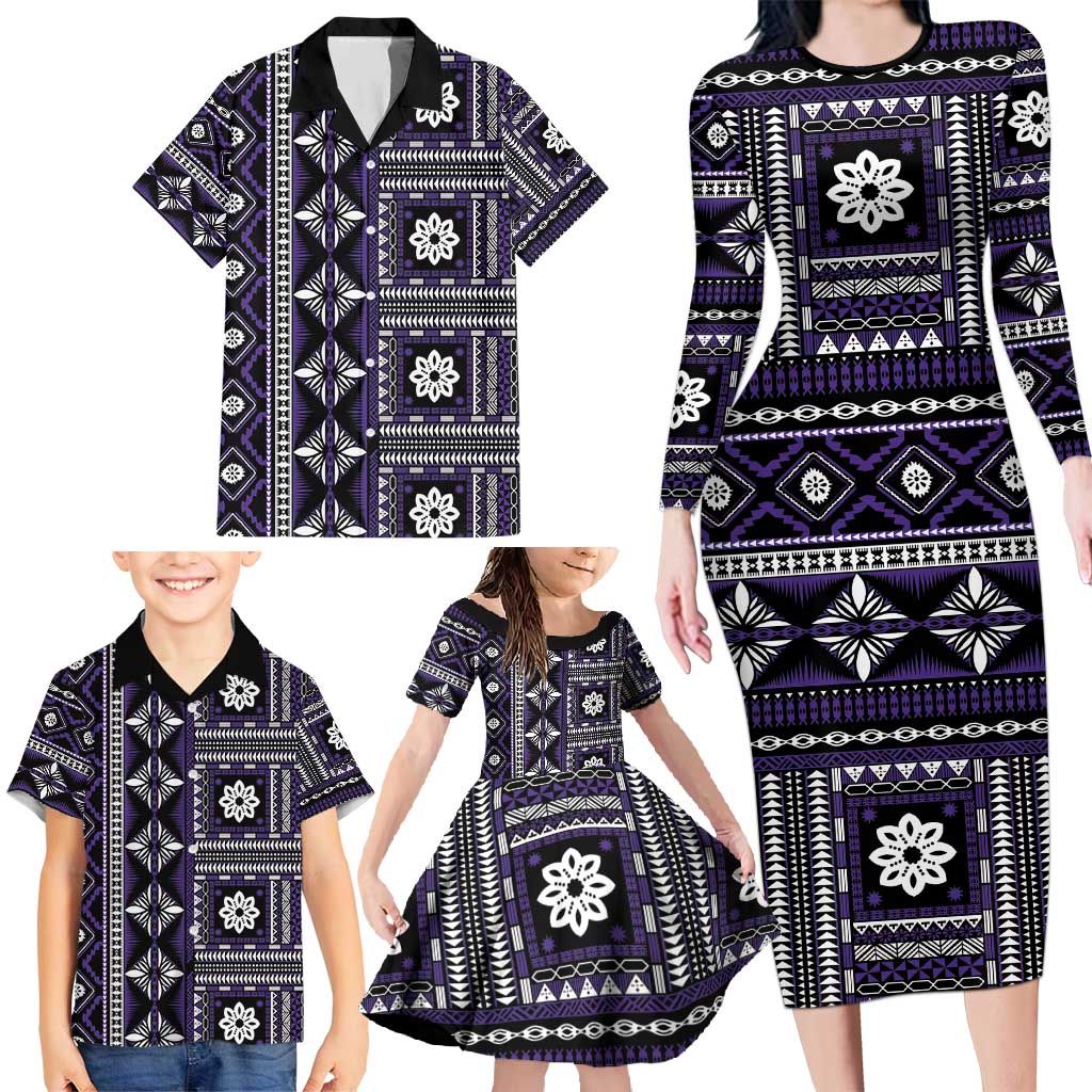 Fiji Masi Tapa Pattern Purple Family Matching Long Sleeve Bodycon Dress and Hawaiian Shirt - Polynesian Pride