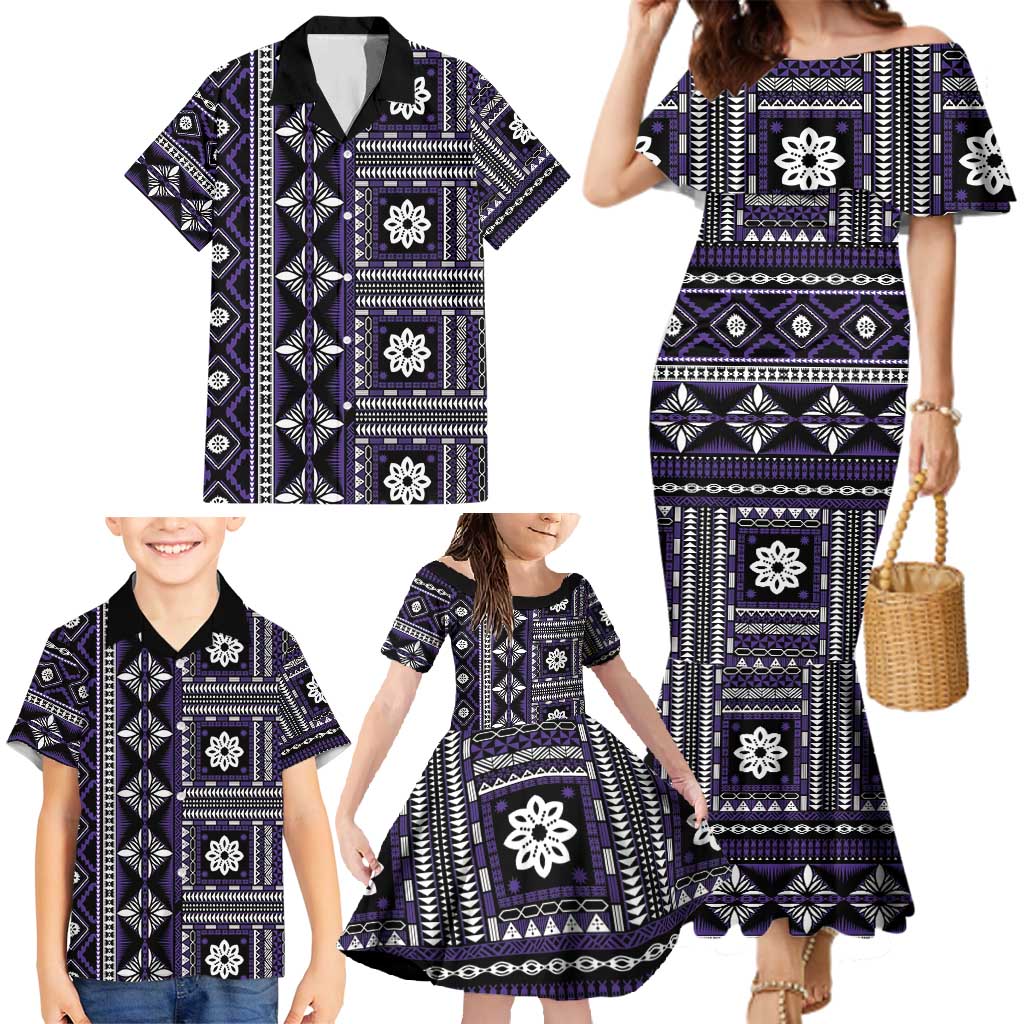 Fiji Masi Tapa Pattern Purple Family Matching Mermaid Dress and Hawaiian Shirt - Polynesian Pride