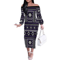 Fiji Masi Tapa Pattern Purple Family Matching Off The Shoulder Long Sleeve Dress and Hawaiian Shirt - Polynesian Pride