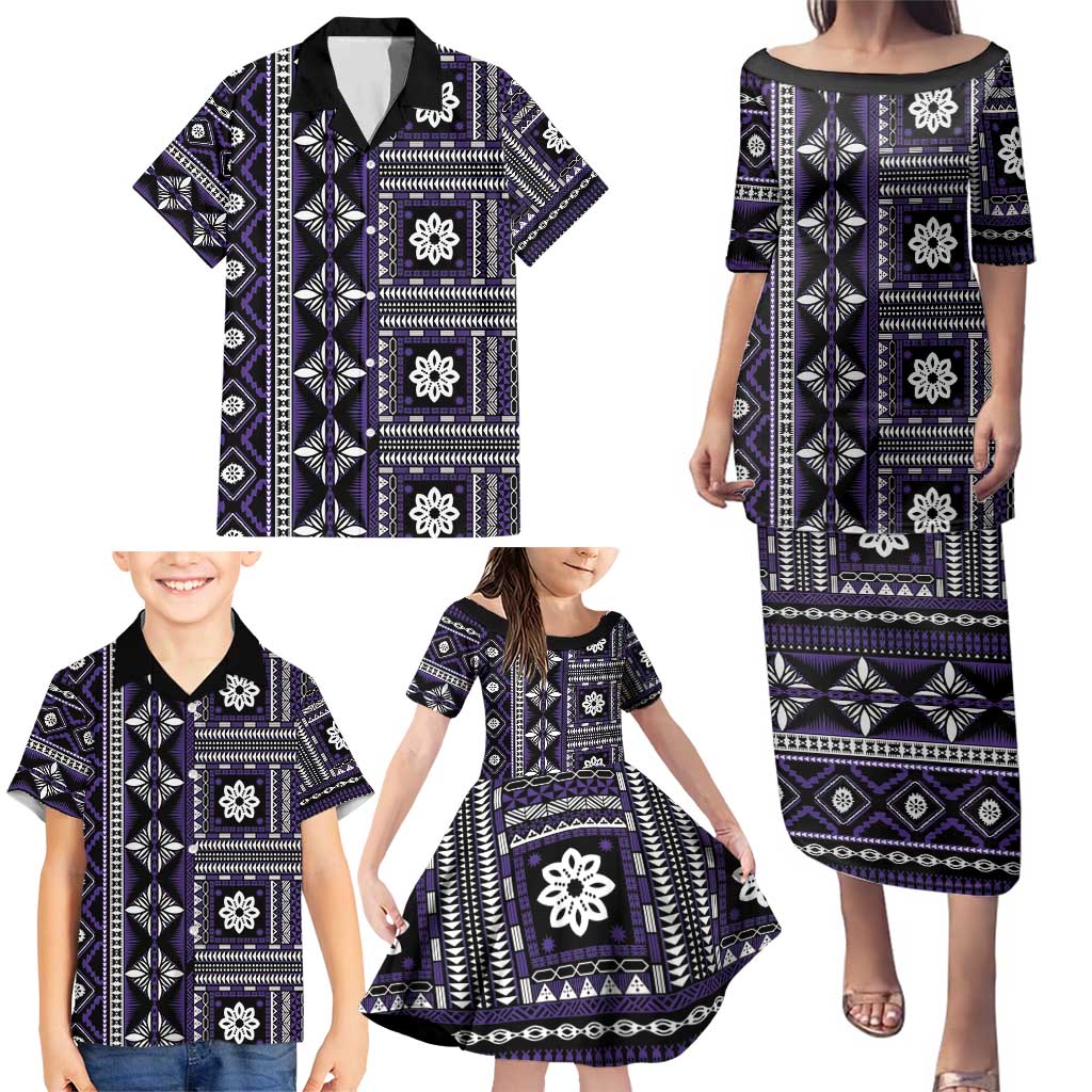 Fiji Masi Tapa Pattern Purple Family Matching Puletasi and Hawaiian Shirt - Polynesian Pride