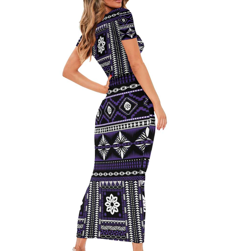 Fiji Masi Tapa Pattern Purple Family Matching Short Sleeve Bodycon Dress and Hawaiian Shirt - Polynesian Pride