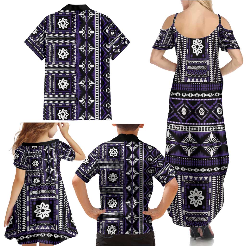 Fiji Masi Tapa Pattern Purple Family Matching Summer Maxi Dress and Hawaiian Shirt - Polynesian Pride