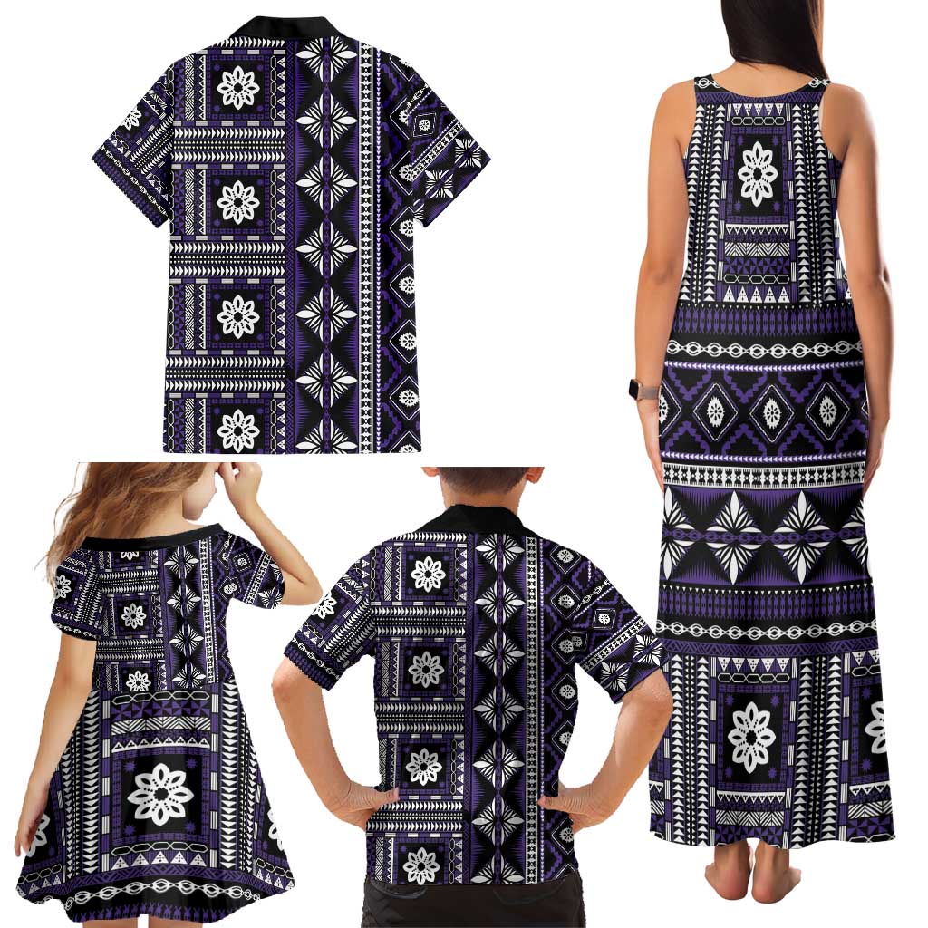 Fiji Masi Tapa Pattern Purple Family Matching Tank Maxi Dress and Hawaiian Shirt - Polynesian Pride