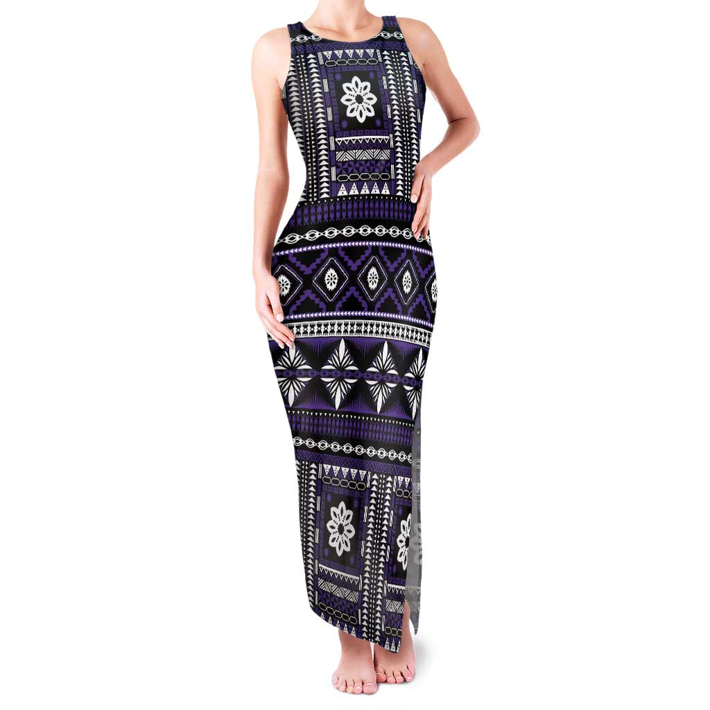 Fiji Masi Tapa Pattern Purple Family Matching Tank Maxi Dress and Hawaiian Shirt - Polynesian Pride