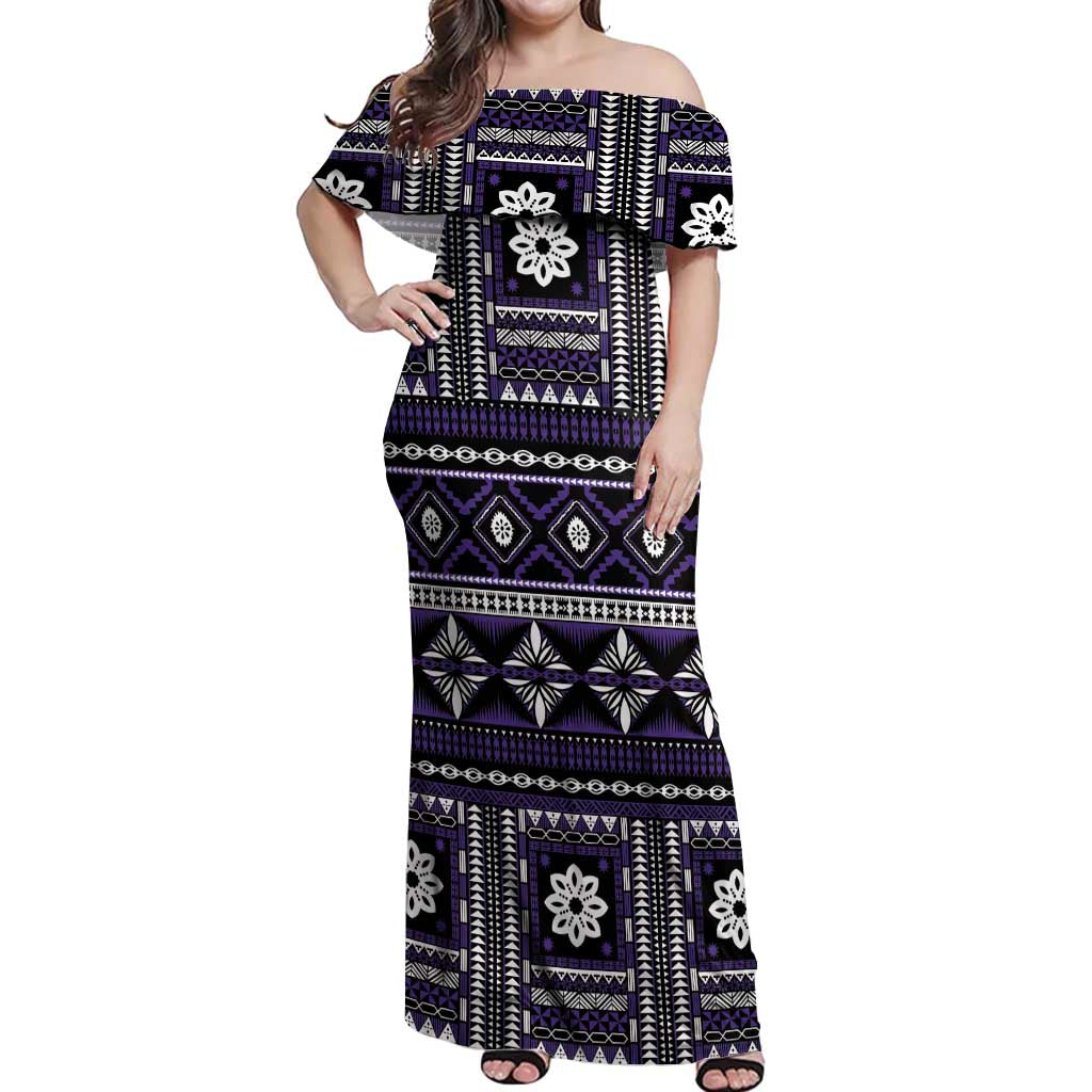Fiji Masi Tapa Pattern Purple Off Shoulder Maxi Dress - Polynesian Pride
