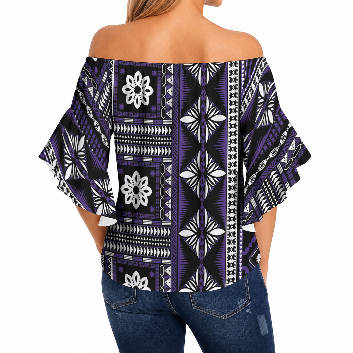 Fiji Masi Tapa Pattern Purple Off Shoulder Wrap Waist Top LT01 - Polynesian Pride