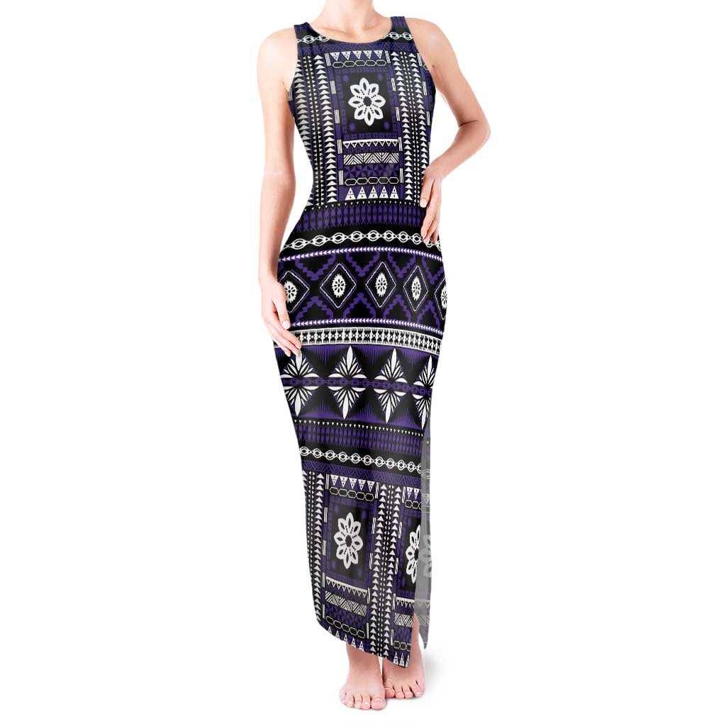 Fiji Masi Tapa Pattern Purple Tank Maxi Dress - Polynesian Pride