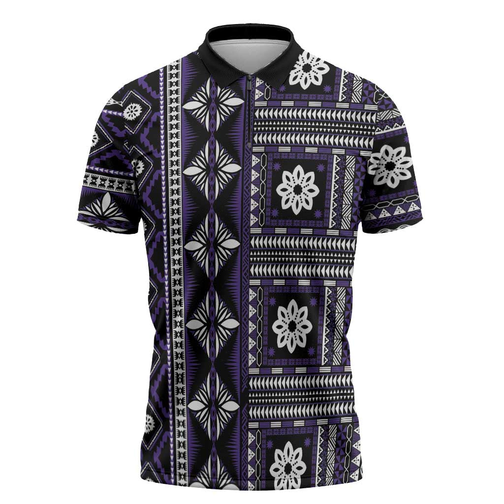 Fiji Masi Tapa Pattern Purple Zipper Polo Shirt - Polynesian Pride