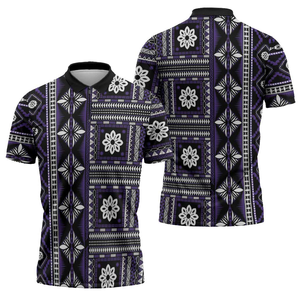 Fiji Masi Tapa Pattern Purple Zipper Polo Shirt - Polynesian Pride