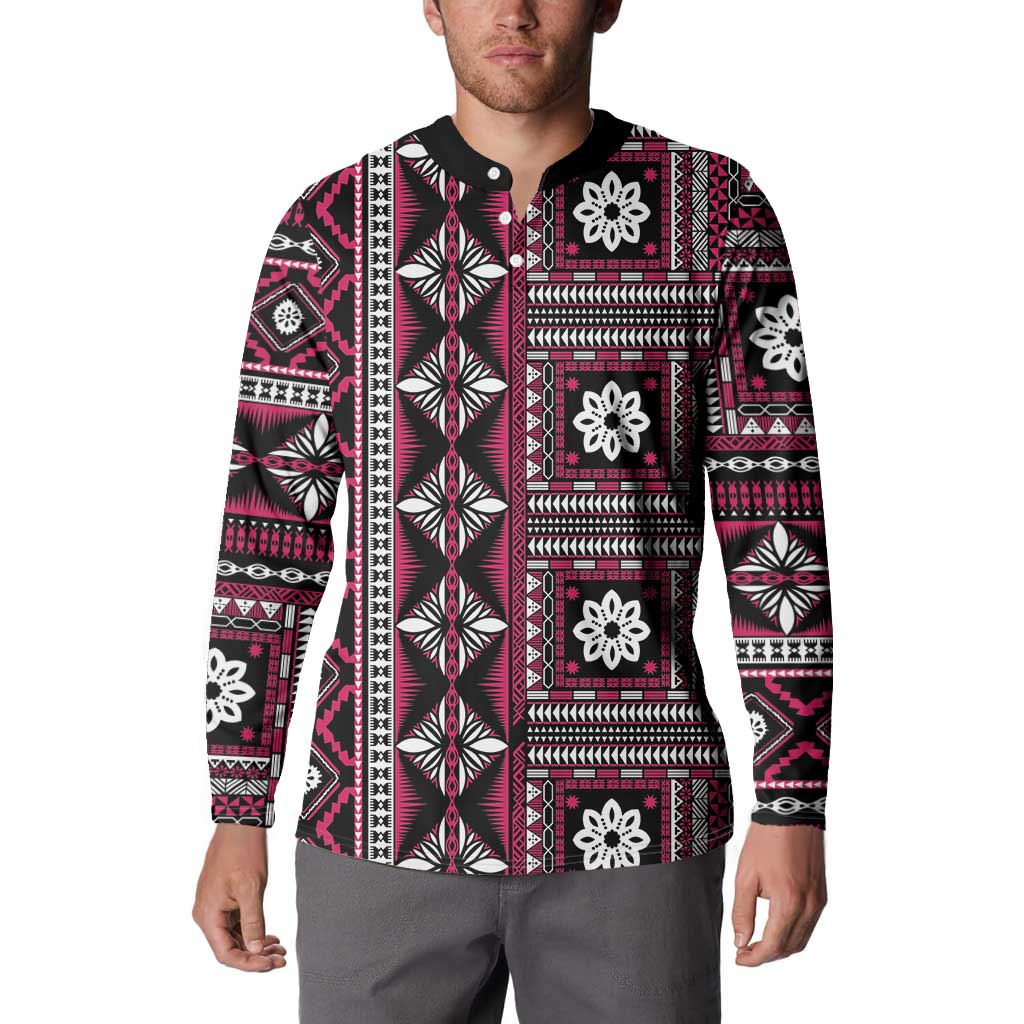 Fiji Masi Tapa Pattern Pink Button Sweatshirt - Polynesian Pride