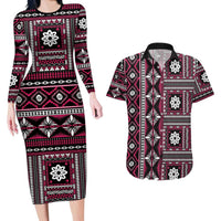 Fiji Masi Tapa Pattern Pink Couples Matching Long Sleeve Bodycon Dress and Hawaiian Shirt - Polynesian Pride