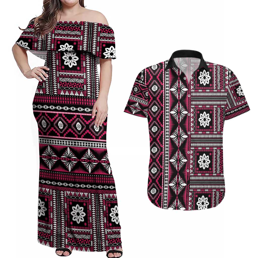 Fiji Masi Tapa Pattern Pink Couples Matching Off Shoulder Maxi Dress and Hawaiian Shirt - Polynesian Pride