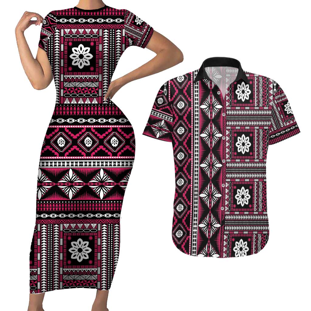 Fiji Masi Tapa Pattern Pink Couples Matching Short Sleeve Bodycon Dress and Hawaiian Shirt - Polynesian Pride