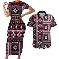 Fiji Masi Tapa Pattern Pink Couples Matching Short Sleeve Bodycon Dress and Hawaiian Shirt - Polynesian Pride