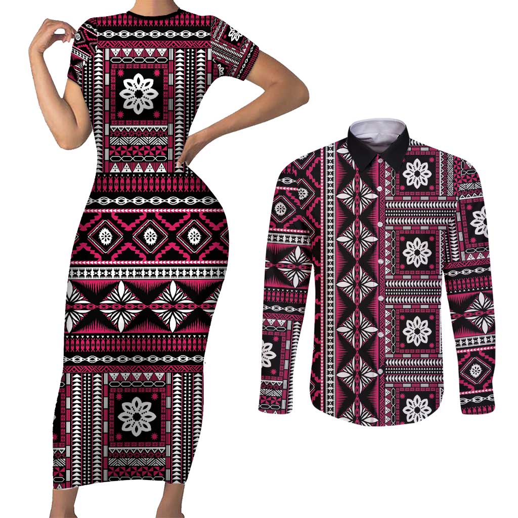 Fiji Masi Tapa Pattern Pink Couples Matching Short Sleeve Bodycon Dress and Long Sleeve Button Shirt - Polynesian Pride