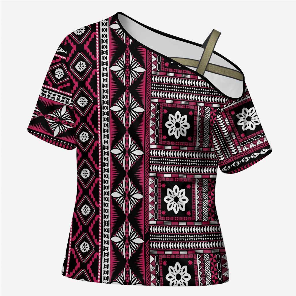Fiji Masi Tapa Pattern Pink Cross Shoulder Shirt - Polynesian Pride