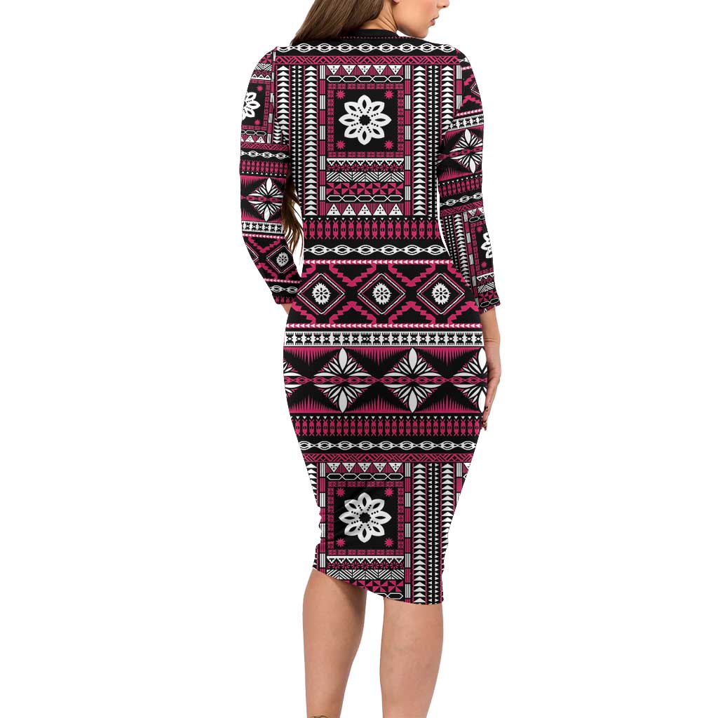 Fiji Masi Tapa Pattern Pink Family Matching Long Sleeve Bodycon Dress and Hawaiian Shirt - Polynesian Pride