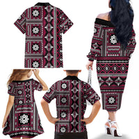 Fiji Masi Tapa Pattern Pink Family Matching Off The Shoulder Long Sleeve Dress and Hawaiian Shirt - Polynesian Pride