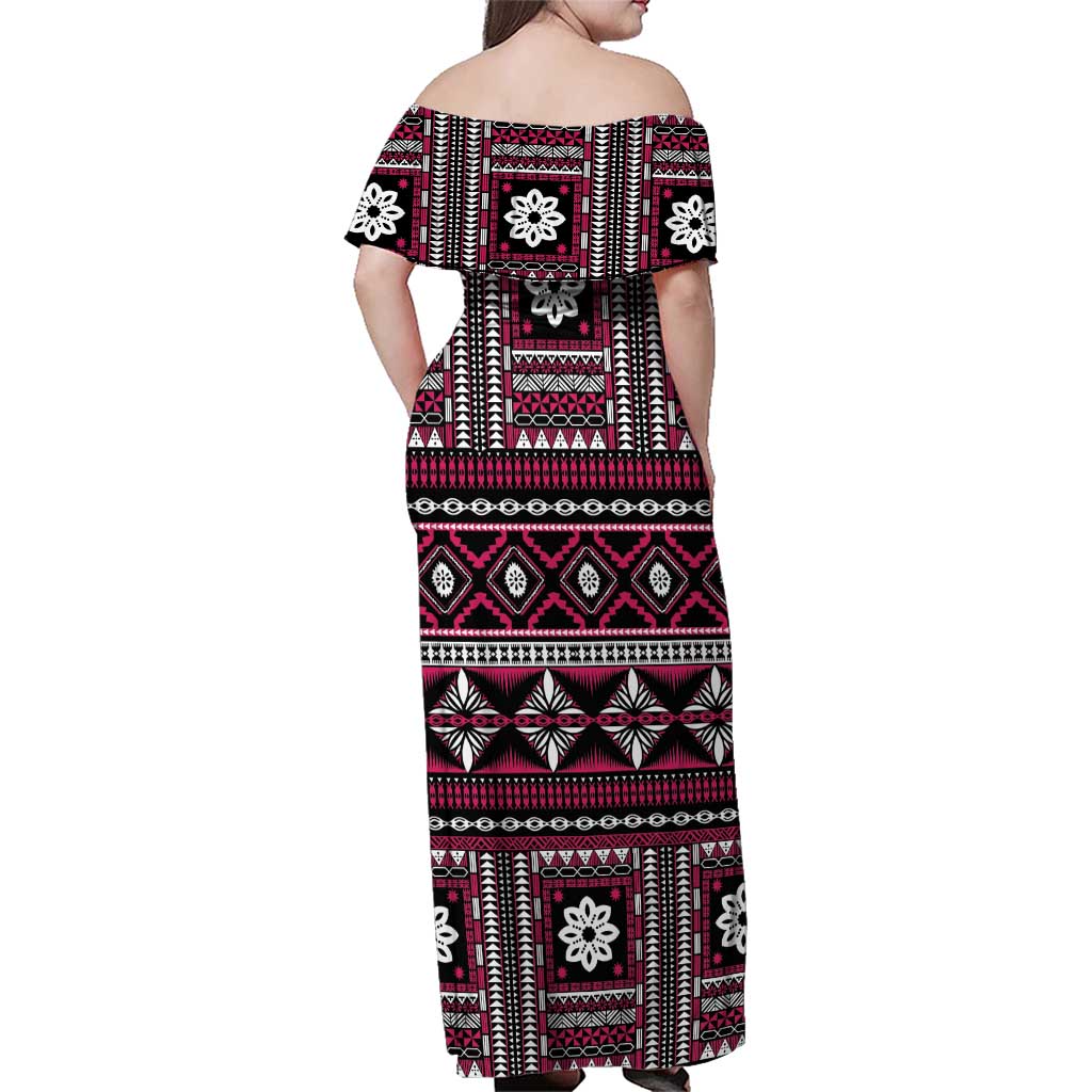 Fiji Masi Tapa Pattern Pink Family Matching Off Shoulder Maxi Dress and Hawaiian Shirt - Polynesian Pride