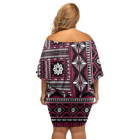 Fiji Masi Tapa Pattern Pink Family Matching Off Shoulder Short Dress and Hawaiian Shirt - Polynesian Pride