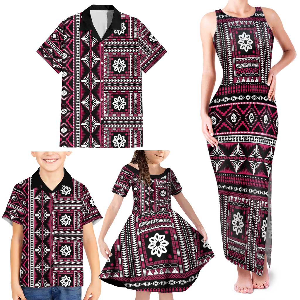 Fiji Masi Tapa Pattern Pink Family Matching Tank Maxi Dress and Hawaiian Shirt - Polynesian Pride