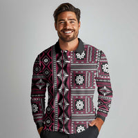 Fiji Masi Tapa Pattern Pink Long Sleeve Polo Shirt - Polynesian Pride