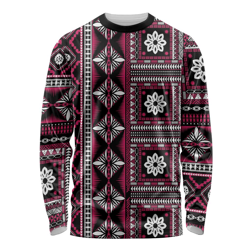 Fiji Masi Tapa Pattern Pink Long Sleeve Shirt - Polynesian Pride