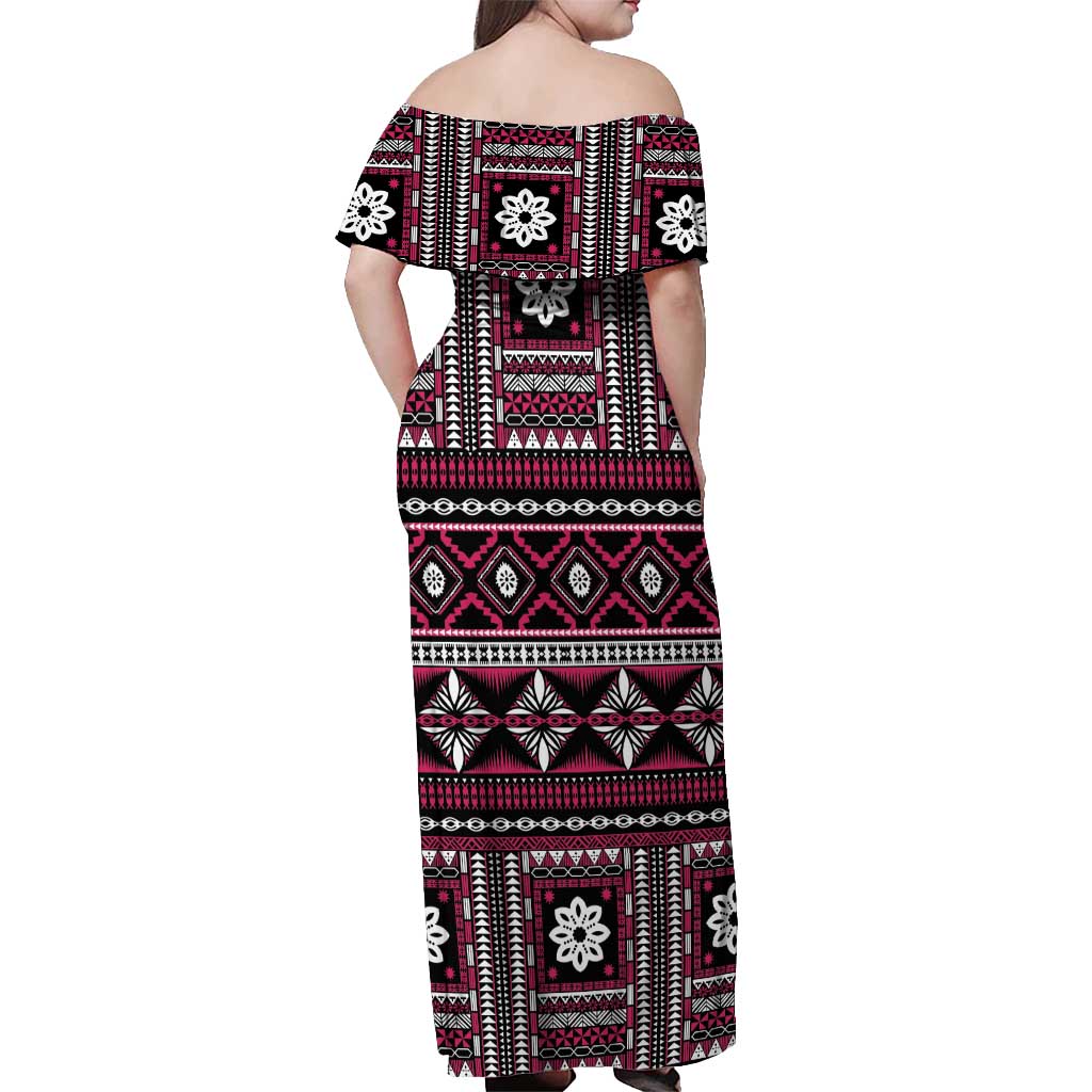 Fiji Masi Tapa Pattern Pink Off Shoulder Maxi Dress - Polynesian Pride