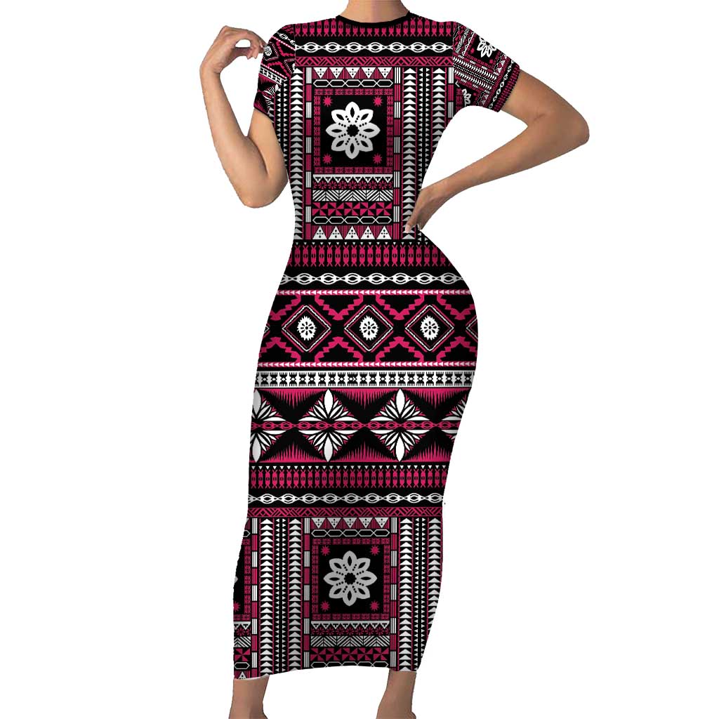 Fiji Masi Tapa Pattern Pink Short Sleeve Bodycon Dress - Polynesian Pride
