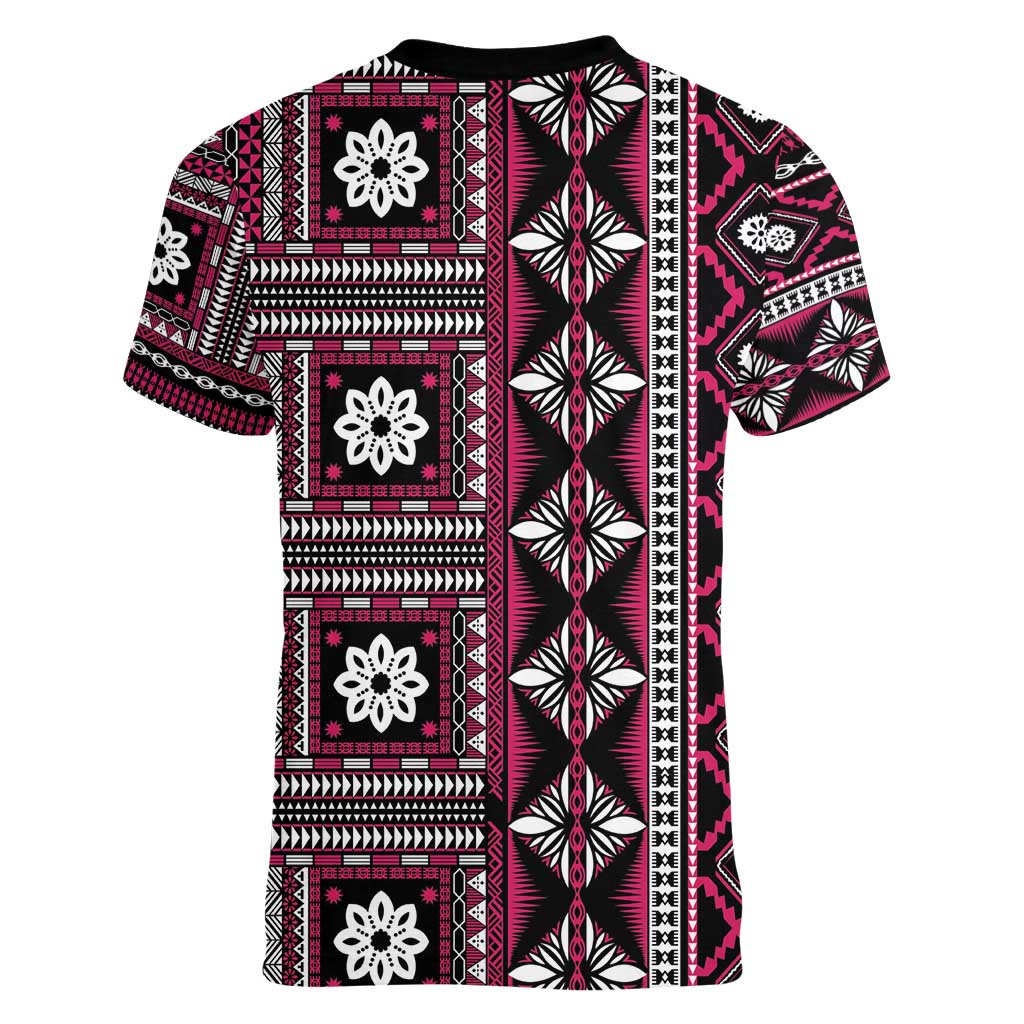 Fiji Masi Tapa Pattern Pink Women V-Neck T-Shirt - Polynesian Pride
