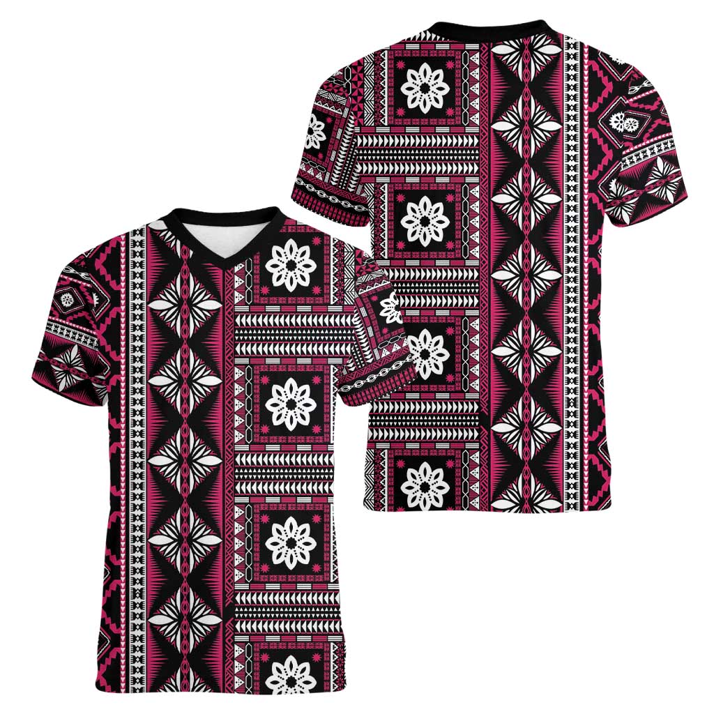 Fiji Masi Tapa Pattern Pink Women V-Neck T-Shirt - Polynesian Pride