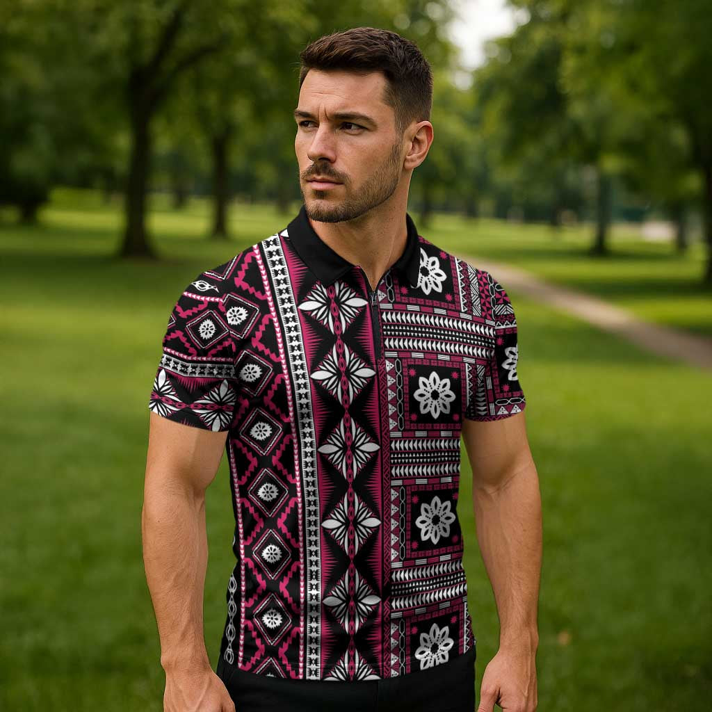 Fiji Masi Tapa Pattern Pink Zipper Polo Shirt - Polynesian Pride