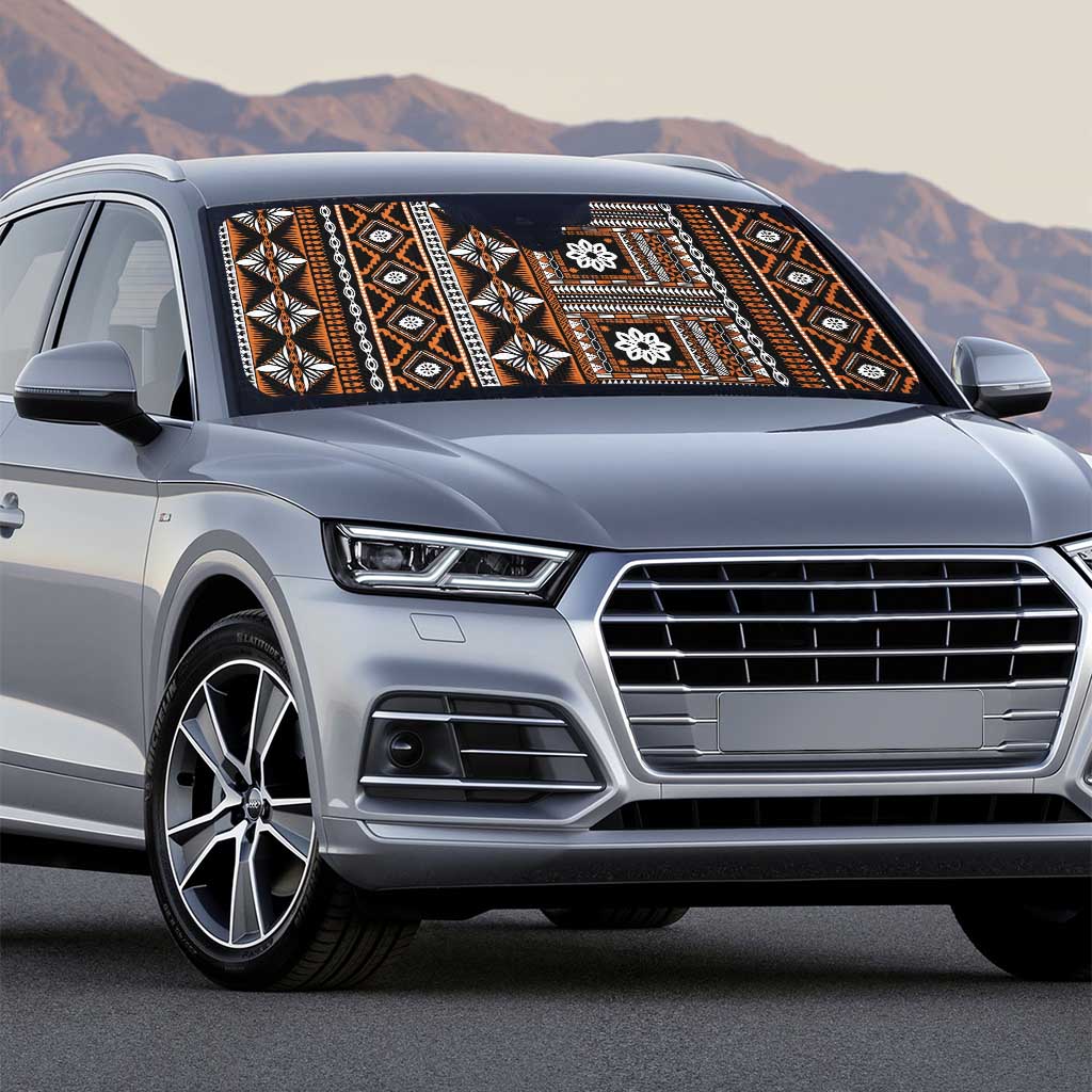 Fiji Masi Tapa Pattern Orange Auto Sun Shade - Polynesian Pride