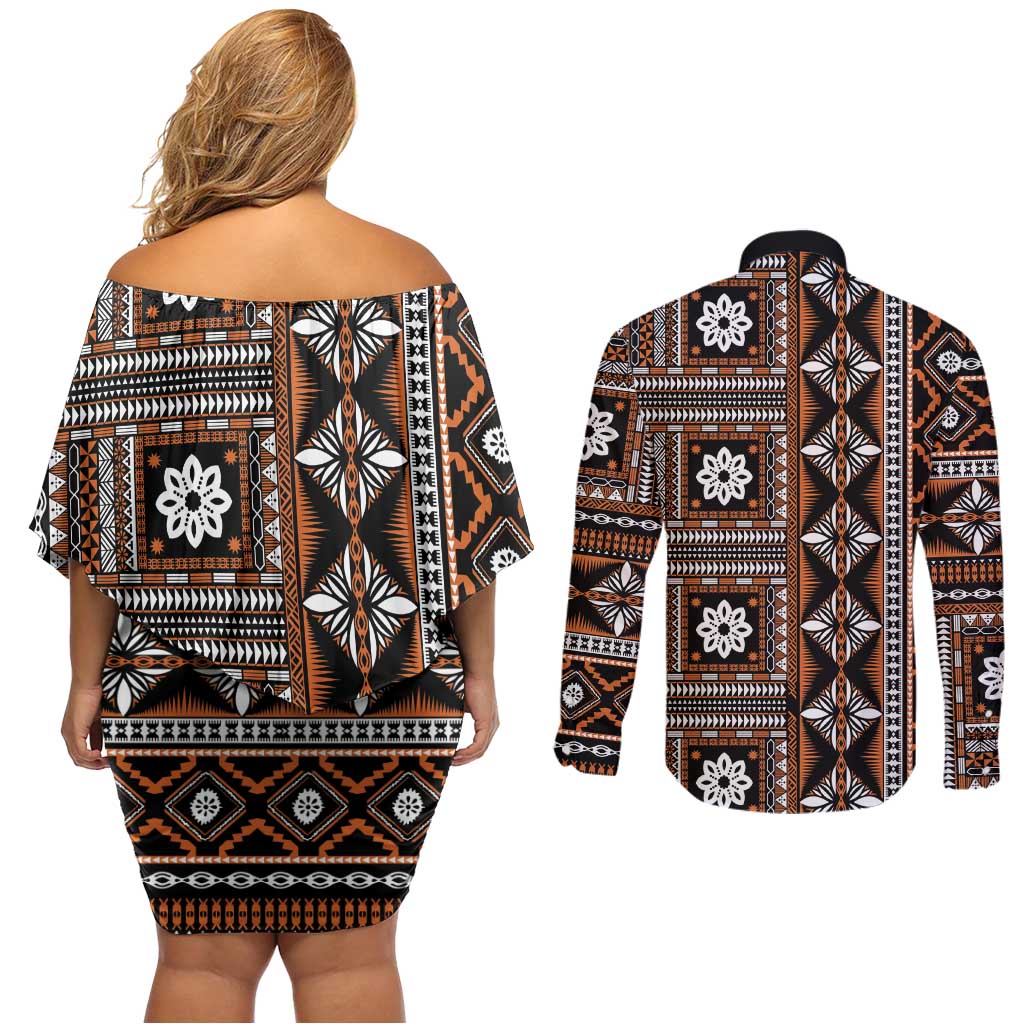 Fiji Masi Tapa Pattern Orange Couples Matching Off Shoulder Short Dress and Long Sleeve Button Shirt - Polynesian Pride