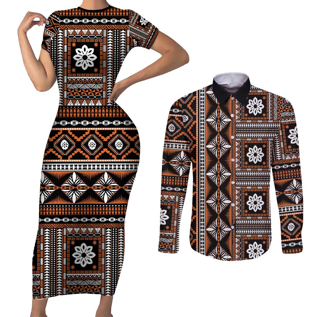 Fiji Masi Tapa Pattern Orange Couples Matching Short Sleeve Bodycon Dress and Long Sleeve Button Shirt - Polynesian Pride