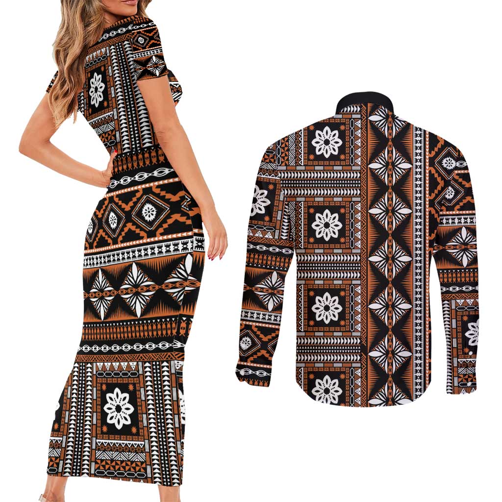 Fiji Masi Tapa Pattern Orange Couples Matching Short Sleeve Bodycon Dress and Long Sleeve Button Shirt - Polynesian Pride