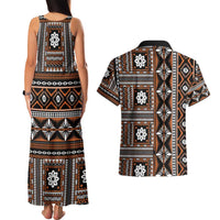 Fiji Masi Tapa Pattern Orange Couples Matching Tank Maxi Dress and Hawaiian Shirt - Polynesian Pride