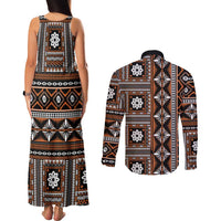 Fiji Masi Tapa Pattern Orange Couples Matching Tank Maxi Dress and Long Sleeve Button Shirt - Polynesian Pride