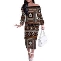 Fiji Masi Tapa Pattern Orange Family Matching Off The Shoulder Long Sleeve Dress and Hawaiian Shirt - Polynesian Pride