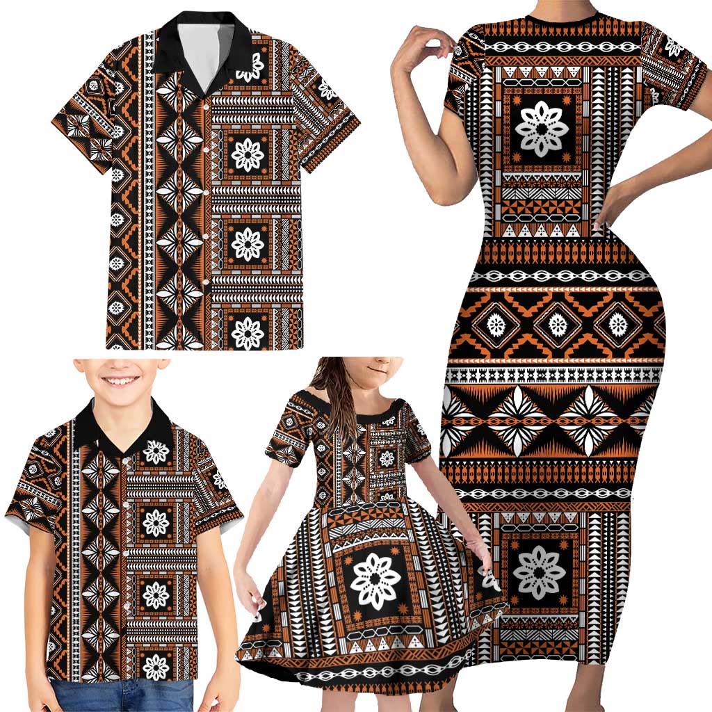 Fiji Masi Tapa Pattern Orange Family Matching Short Sleeve Bodycon Dress and Hawaiian Shirt - Polynesian Pride