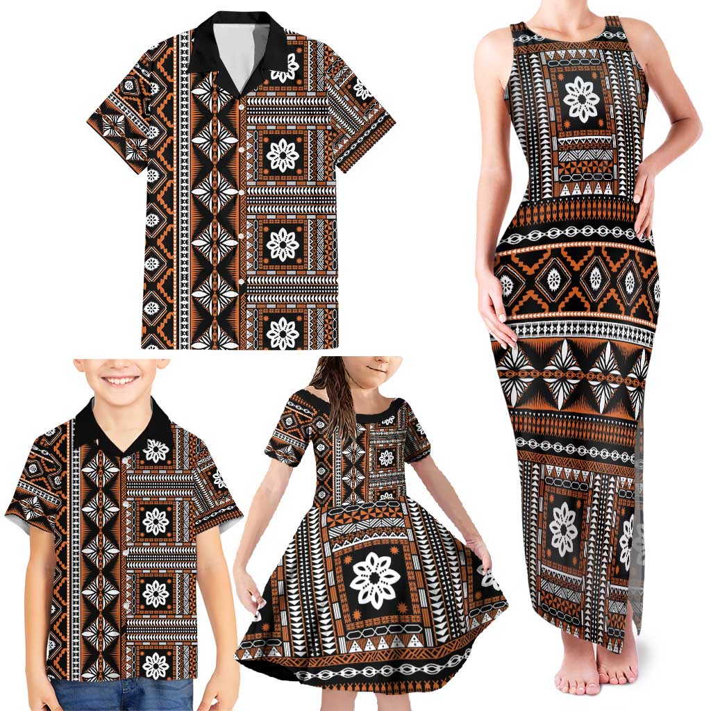 Fiji Masi Tapa Pattern Orange Family Matching Tank Maxi Dress and Hawaiian Shirt - Polynesian Pride
