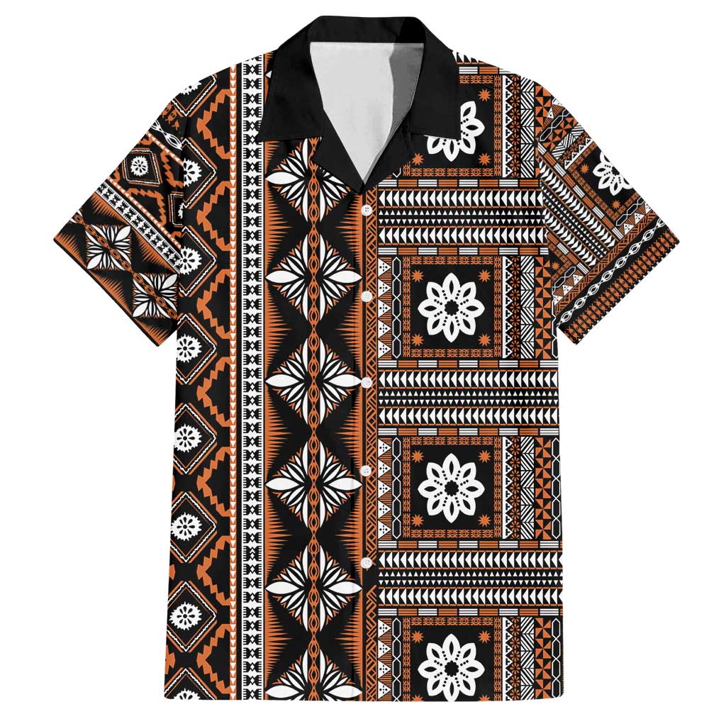 Fiji Masi Tapa Pattern Orange Family Matching Tank Maxi Dress and Hawaiian Shirt - Polynesian Pride