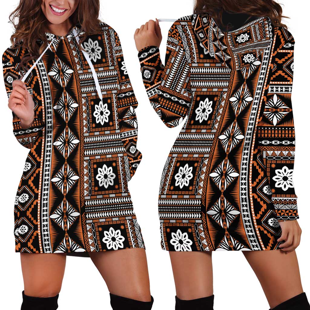 Fiji Masi Tapa Pattern Orange Hoodie Dress - Polynesian Pride
